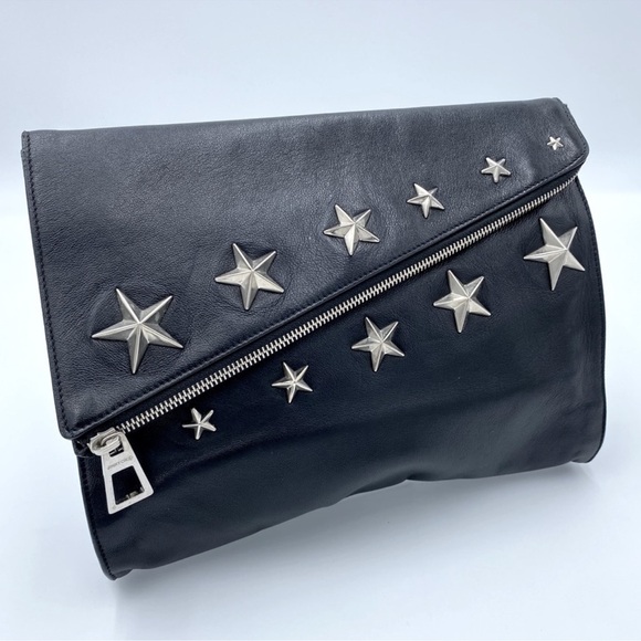 Jimmy Choo Handbags - Jimmy Choo Black Leather Studded Foldover
Clutch with silver hardware
